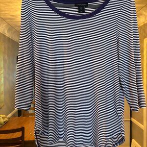 Worn once-Cynthia Rowley Navy Blue and White Crew Neck Top. Size Large